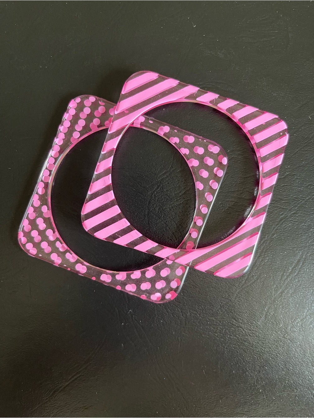 Vintage Pink Patterned Square lucite Bangle Set